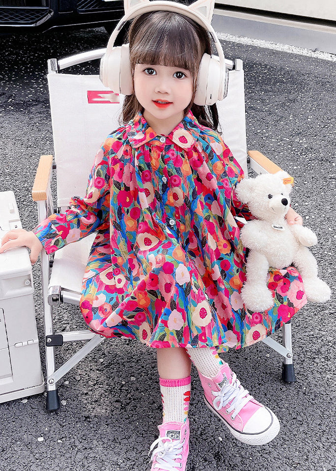 Lovely Rainbow Peter Pan Collar Print Kids Mid Dress Fall SS1047