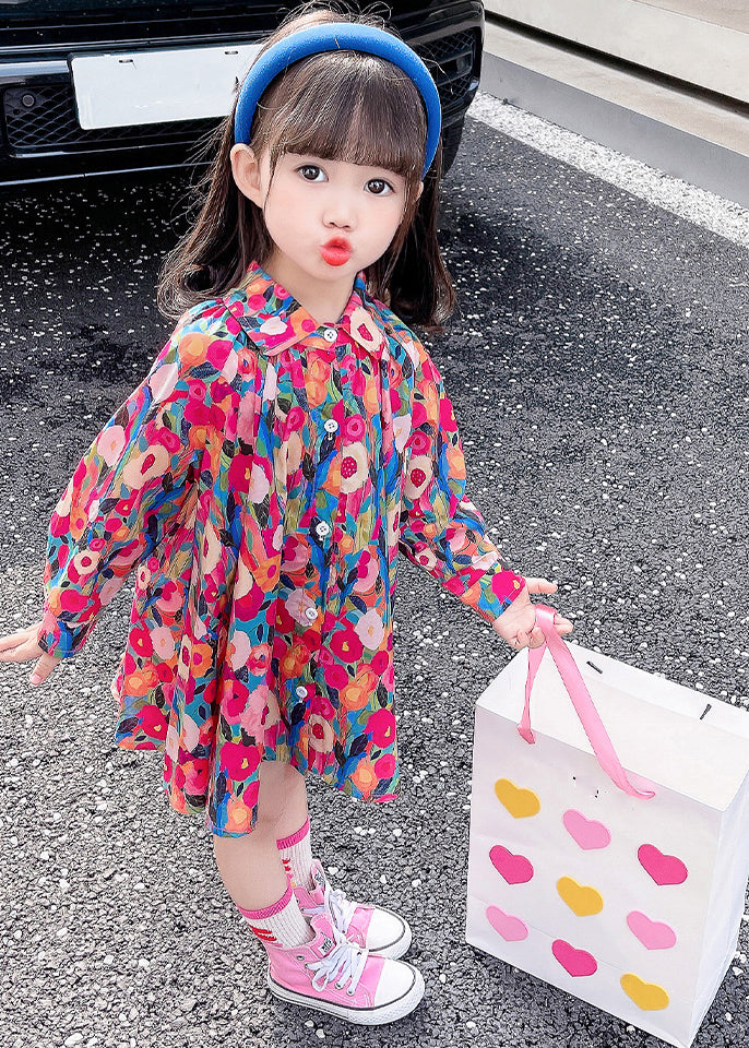 Lovely Rainbow Peter Pan Collar Print Kids Mid Dress Fall SS1047