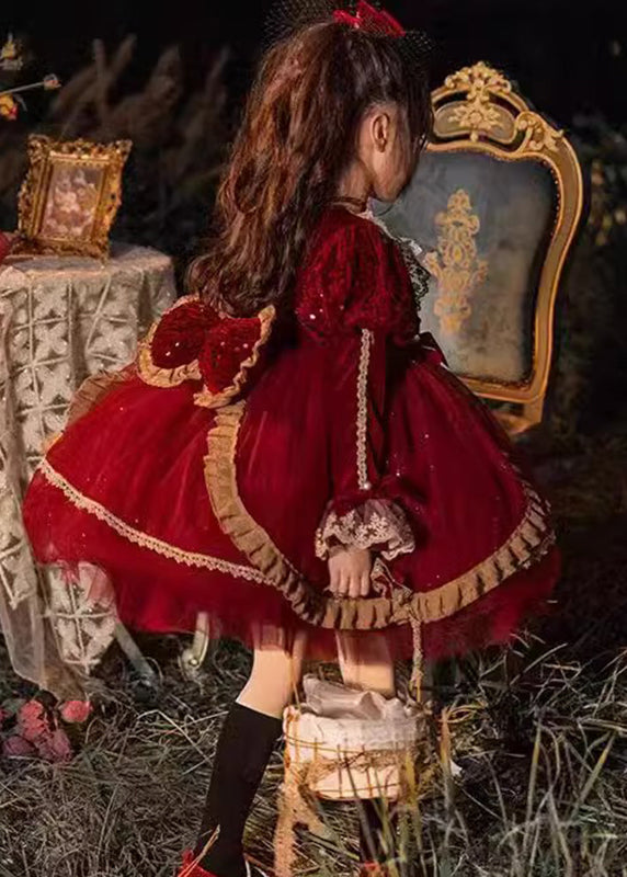 Lovely Red O-Neck Tulle Lace Patchwork Girls Mid Dresses Winter RP041