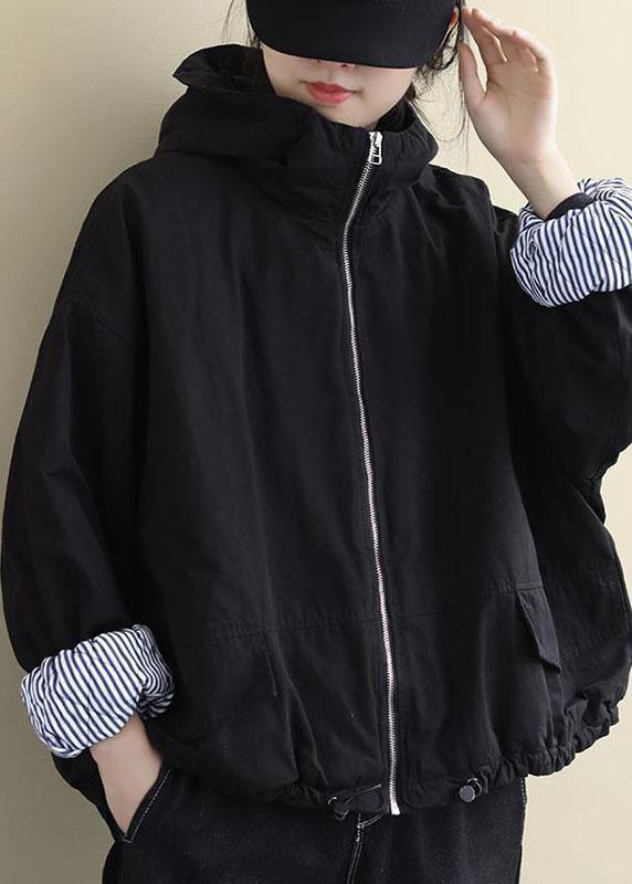 Luxury Black Hooded Zippered Winter Cotton Long sleeve Coat QS044