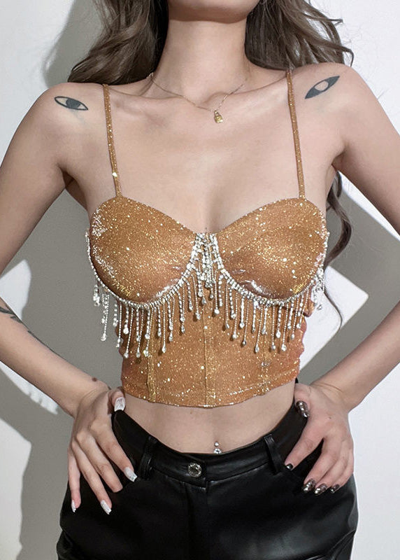 Luxury Straight Strap Khaki Tassel Short Neck Rhinestone