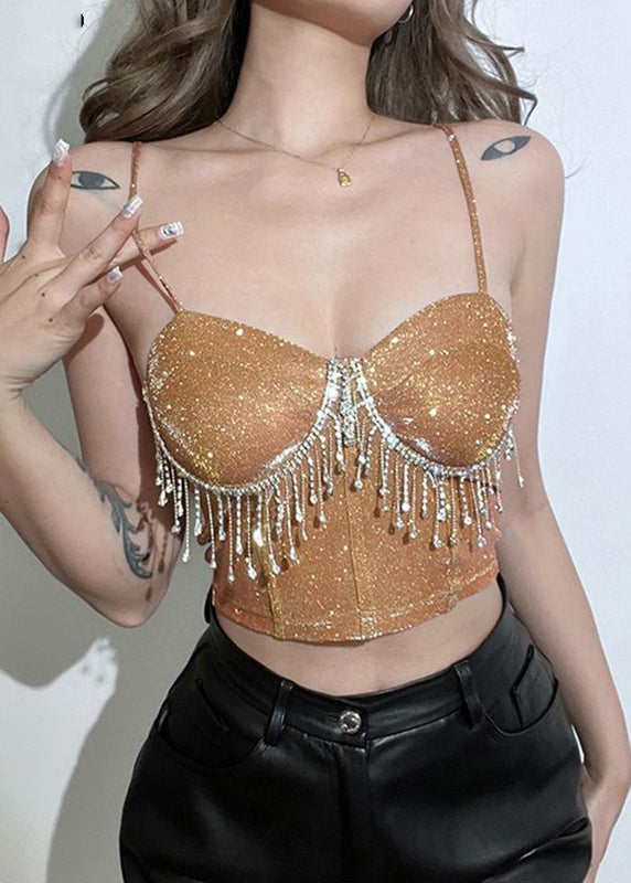 Luxury Straight Strap Khaki Tassel Short Neck Rhinestone