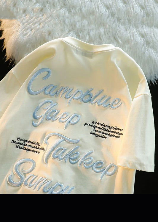 Men Apparel Modern Letter Shirts Cotton T Embroideried Apricot