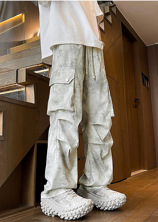 Spring Cotton Pockets Dye Pants Modern Beige Tie Mens Wrinkled