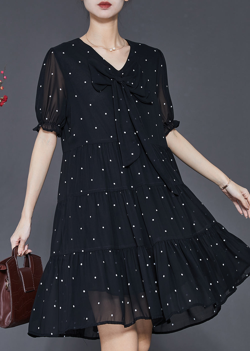 Modern Black Bow Chiffon Mid Dress Summer SD1093