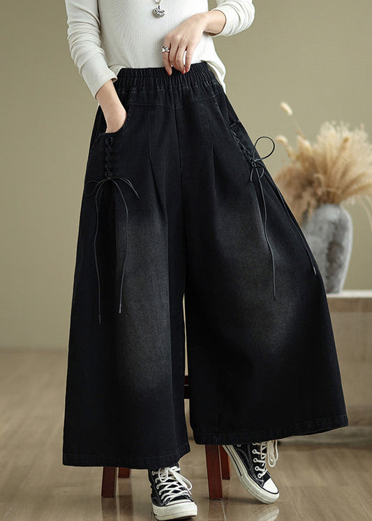 Cross Denim Strap Wide Leg Summer Black Modern Pants