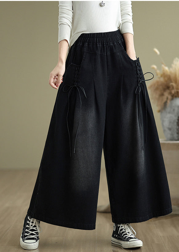 Cross Denim Strap Wide Leg Summer Black Modern Pants