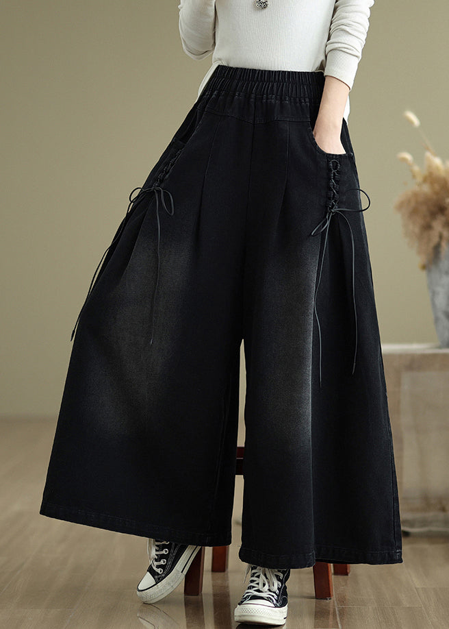 Cross Denim Strap Wide Leg Summer Black Modern Pants