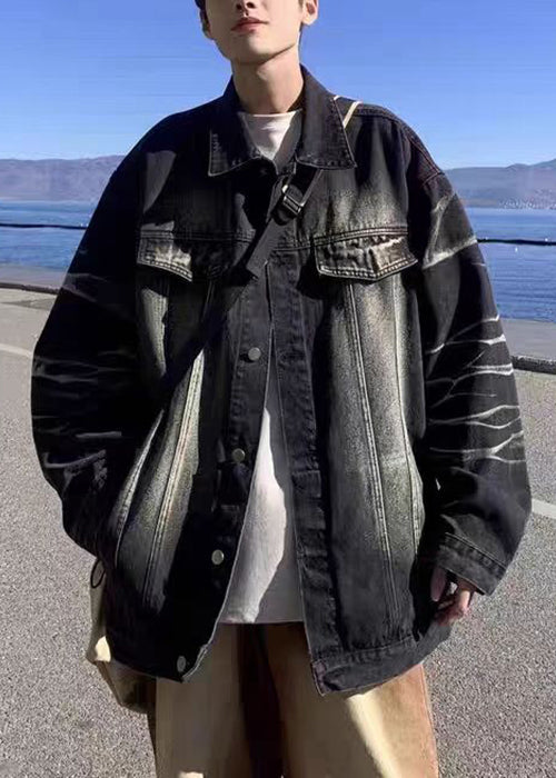 Modern Black Gradient Color Button Pockets Denim Mens Coats Spring TC042