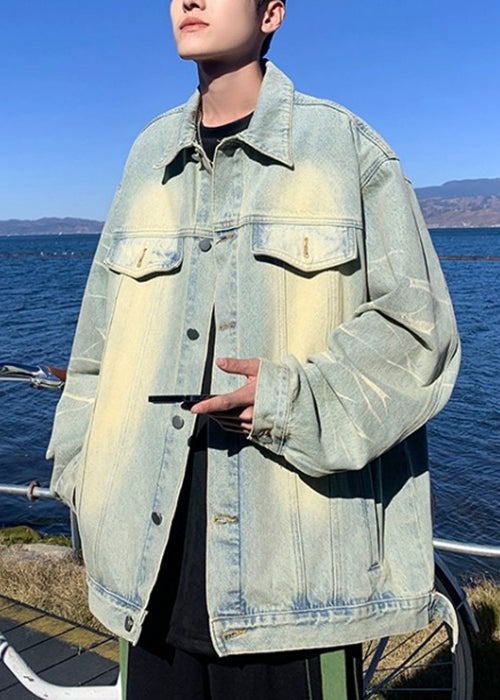 Modern Black Gradient Color Button Pockets Denim Mens Coats Spring TC042