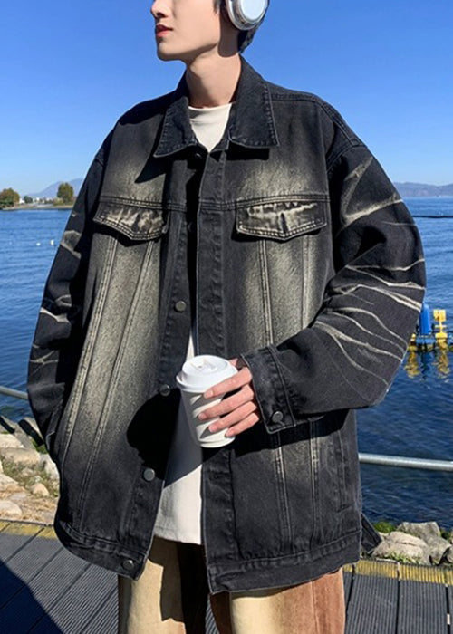 Modern Black Gradient Color Button Pockets Denim Mens Coats Spring TC042