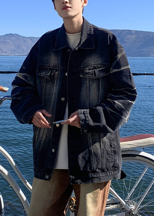 Modern Black Gradient Color Button Pockets Denim Mens Coats Spring TC042