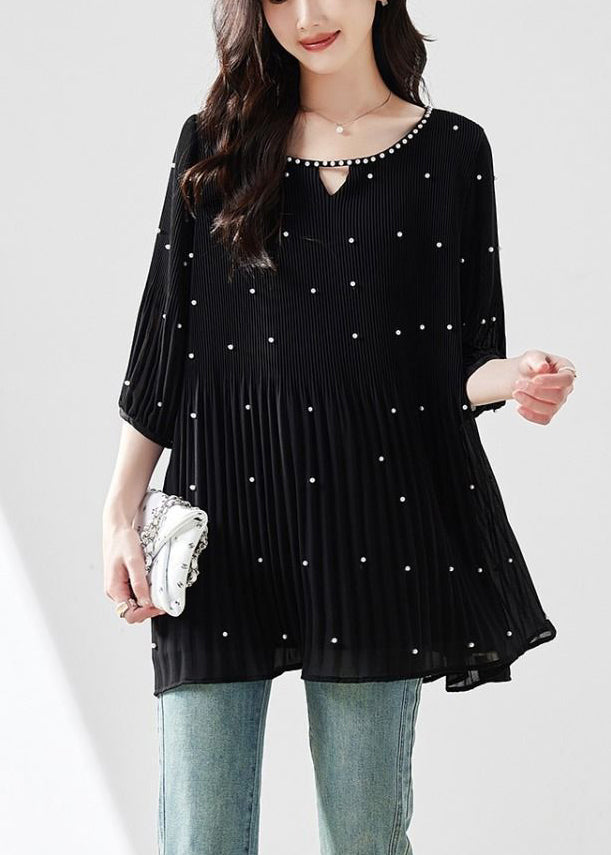 Top Silk Modern Bead O-Neck Sleeve Nail Black Half