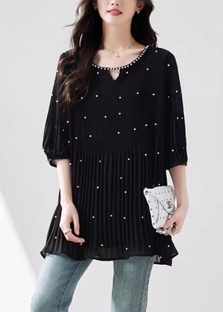 Top Silk Modern Bead O-Neck Sleeve Nail Black Half