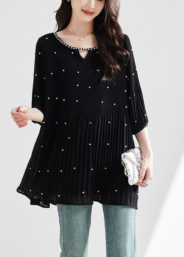 Top Silk Modern Bead O-Neck Sleeve Nail Black Half