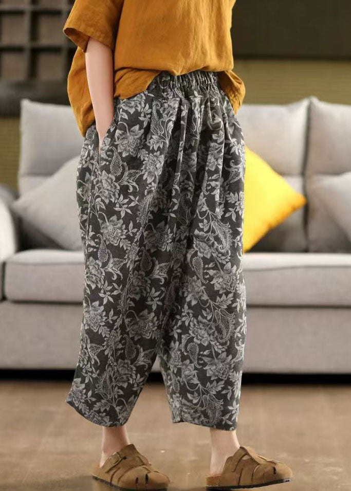 Black Oversized Pants Harem Modern Linen Summer Print