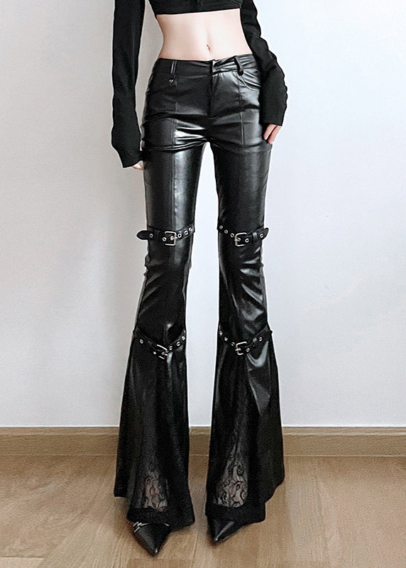 Modern Black Patchwork Lace Faux Leather Flare Bottoms Spring YP010