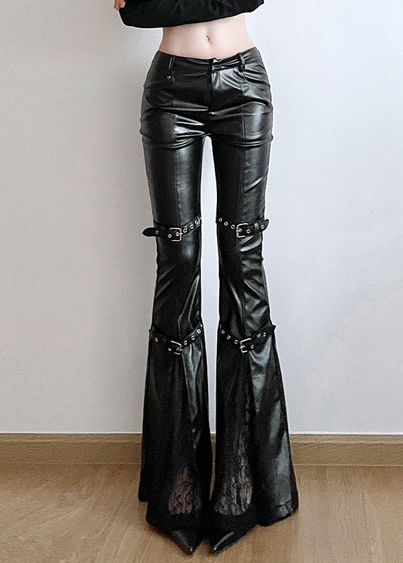 Modern Black Patchwork Lace Faux Leather Flare Bottoms Spring YP010