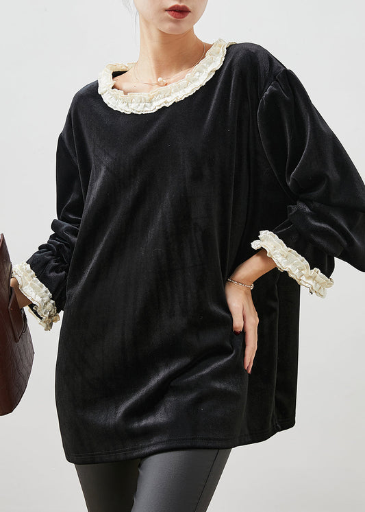 Modern Black Ruffled Patchwork Silk Velvet Loose Tops Spring YU1053
