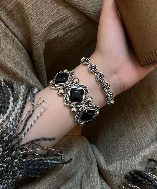 Two-Piece Silver Set Sterling Black Stone Floral Gem Modern Chain Bracelet