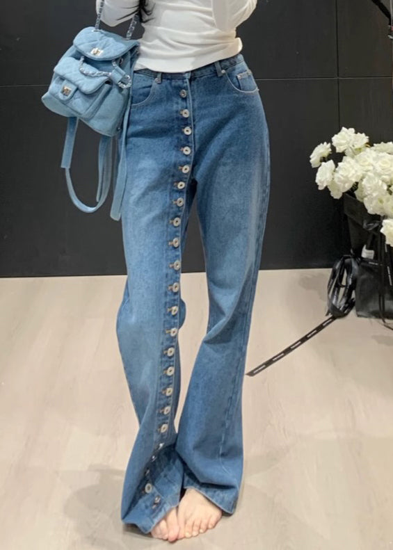 Pants Modern Waist Asymmetrical Denim High Blue Straight Button