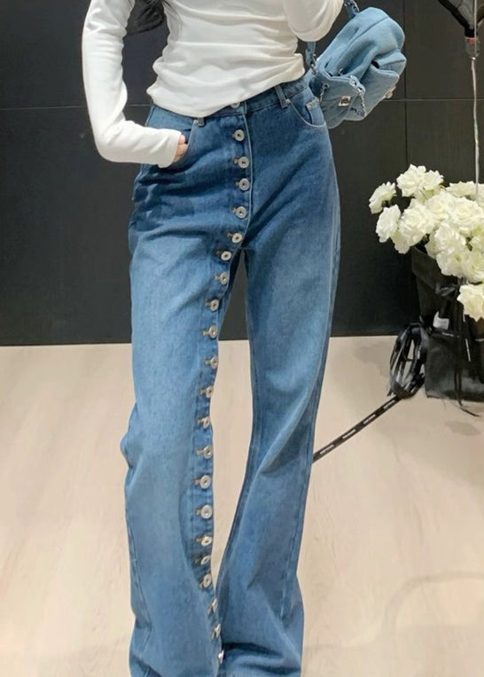Pants Modern Waist Asymmetrical Denim High Blue Straight Button