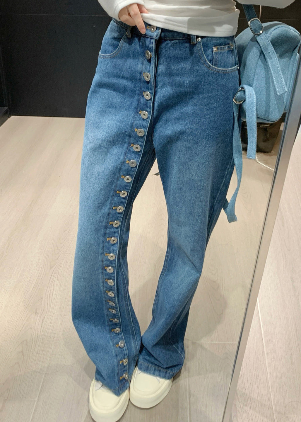 Pants Modern Waist Asymmetrical Denim High Blue Straight Button