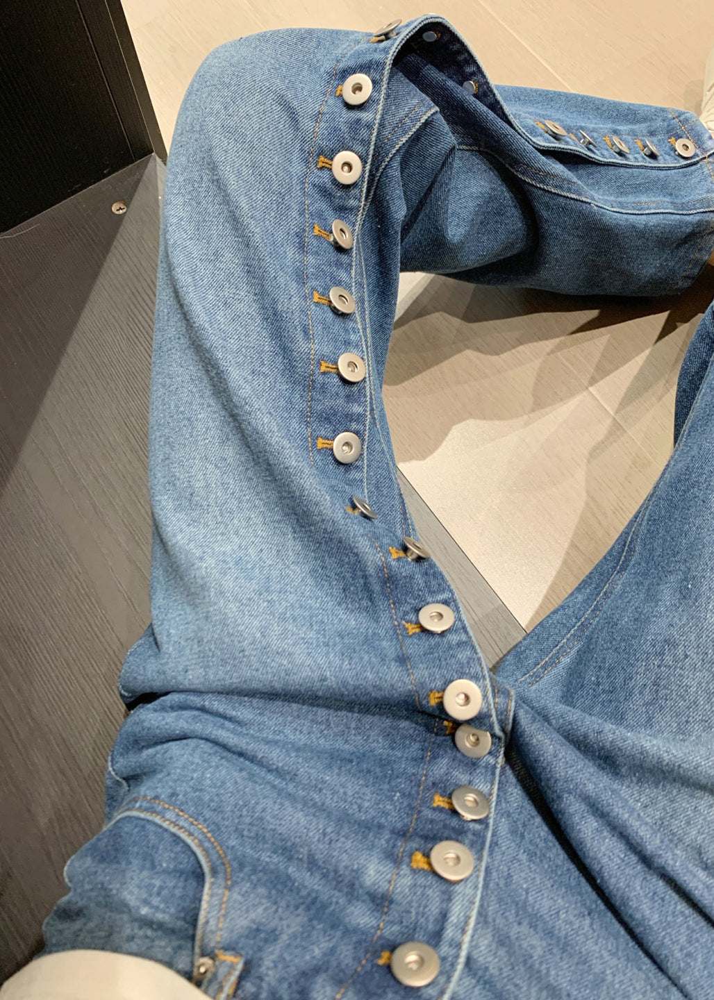Pants Modern Waist Asymmetrical Denim High Blue Straight Button
