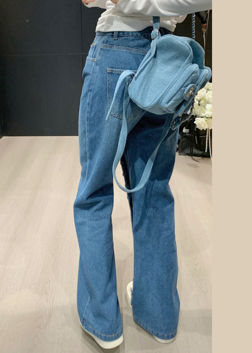 Pants Modern Waist Asymmetrical Denim High Blue Straight Button