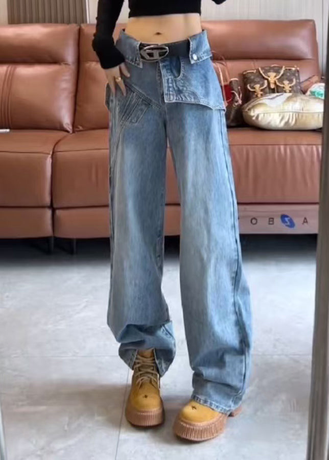 High Asymmetrical Denim Waist Spring Blue Pants Modern