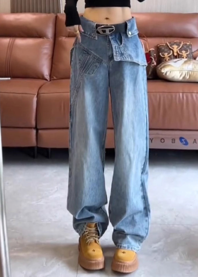 High Asymmetrical Denim Waist Spring Blue Pants Modern