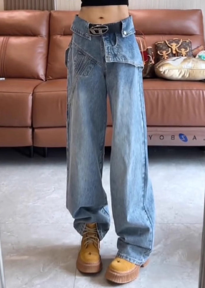 High Asymmetrical Denim Waist Spring Blue Pants Modern