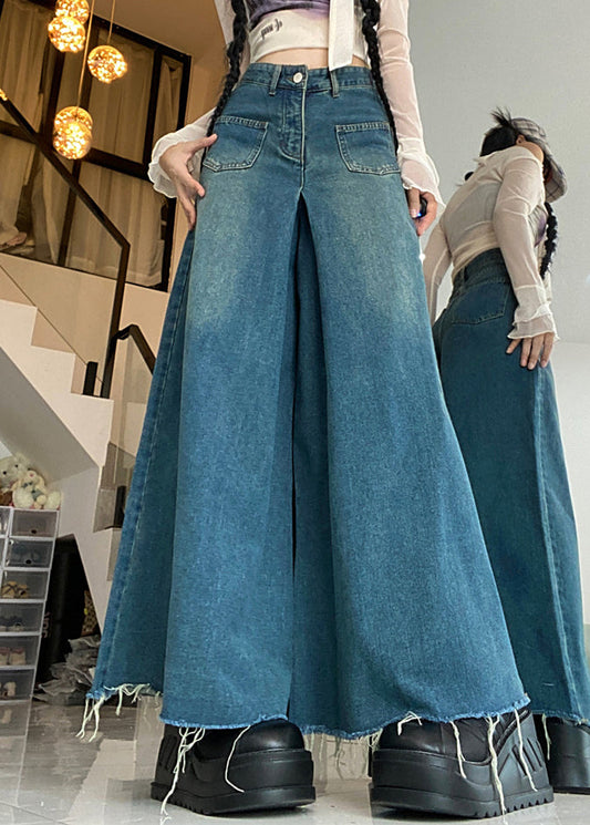 Pantalon en jean taille haute avec poches à boutons bleu moderne pour l'automne