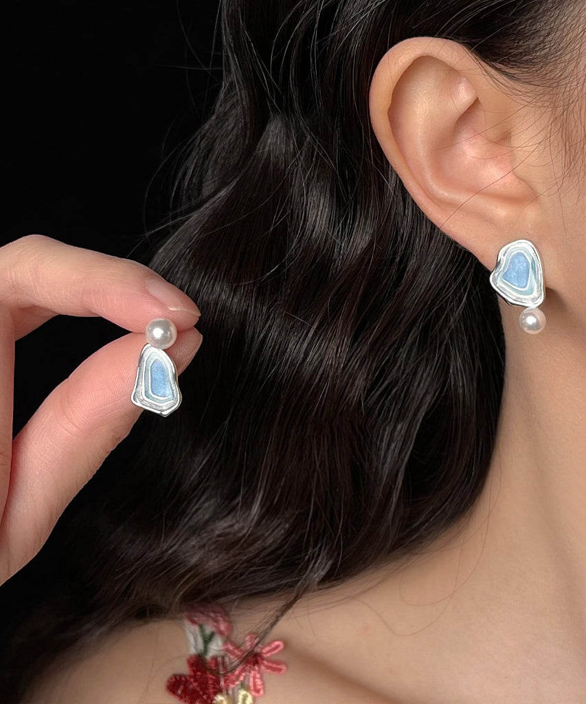 Modern Glaze Copper Pearl Stud Blue Earrings Drip