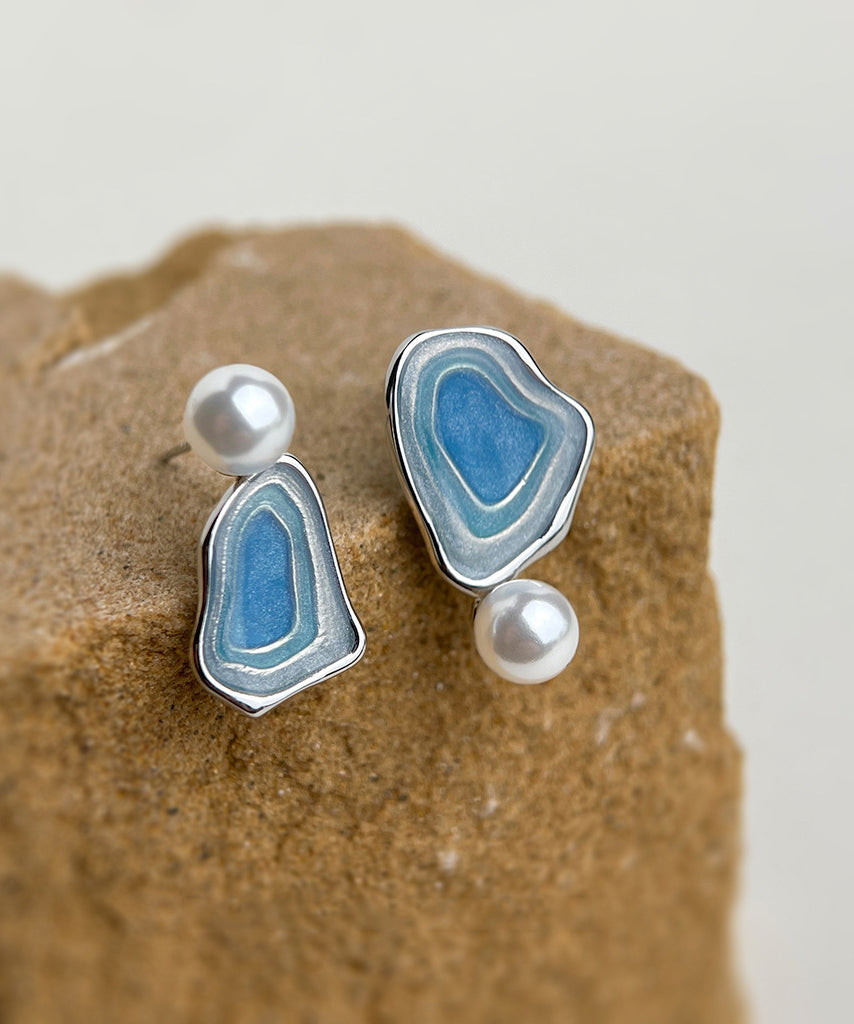Modern Glaze Copper Pearl Stud Blue Earrings Drip