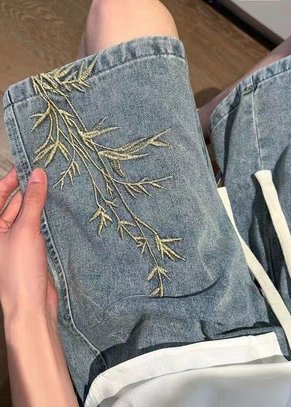 Denim Men Summer Embroideried Blue Modern Waist Elastic Shorts