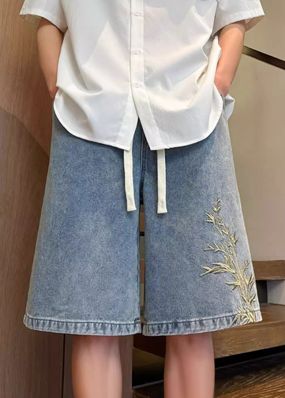 Denim Men Summer Embroideried Blue Modern Waist Elastic Shorts