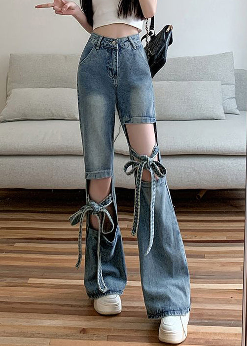 Hollow Up Lace Modern Blue Out Pants Denim Spring