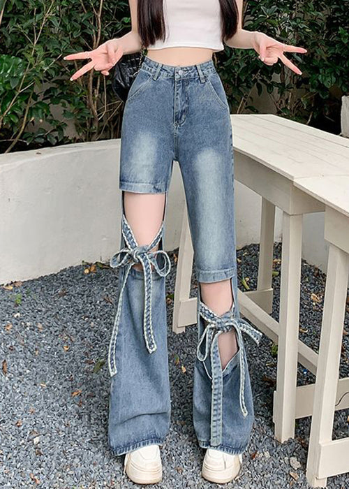 Hollow Up Lace Modern Blue Out Pants Denim Spring