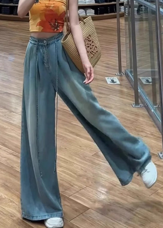 Lace Pants Blue Summer High Waist Up Modern Wide Leg Denim