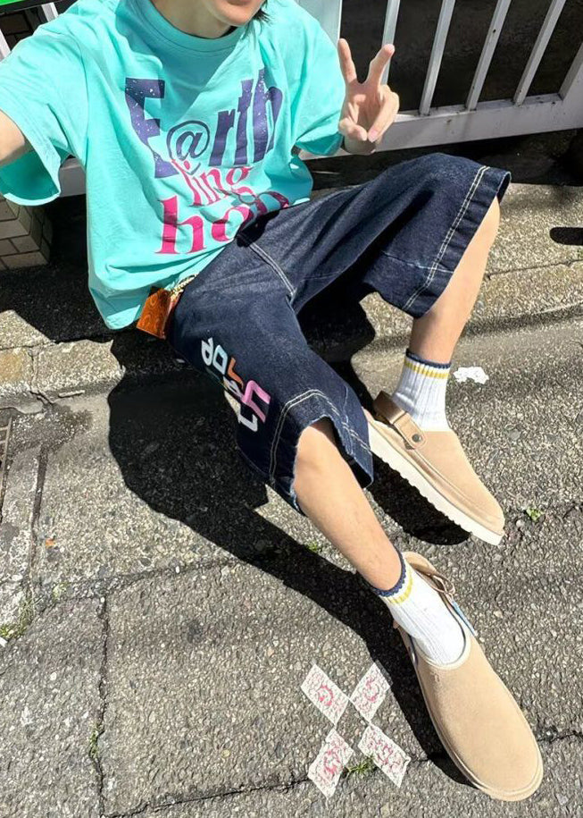 Crop Mens Waist Blue High Modern Letter Denim Summer Pants