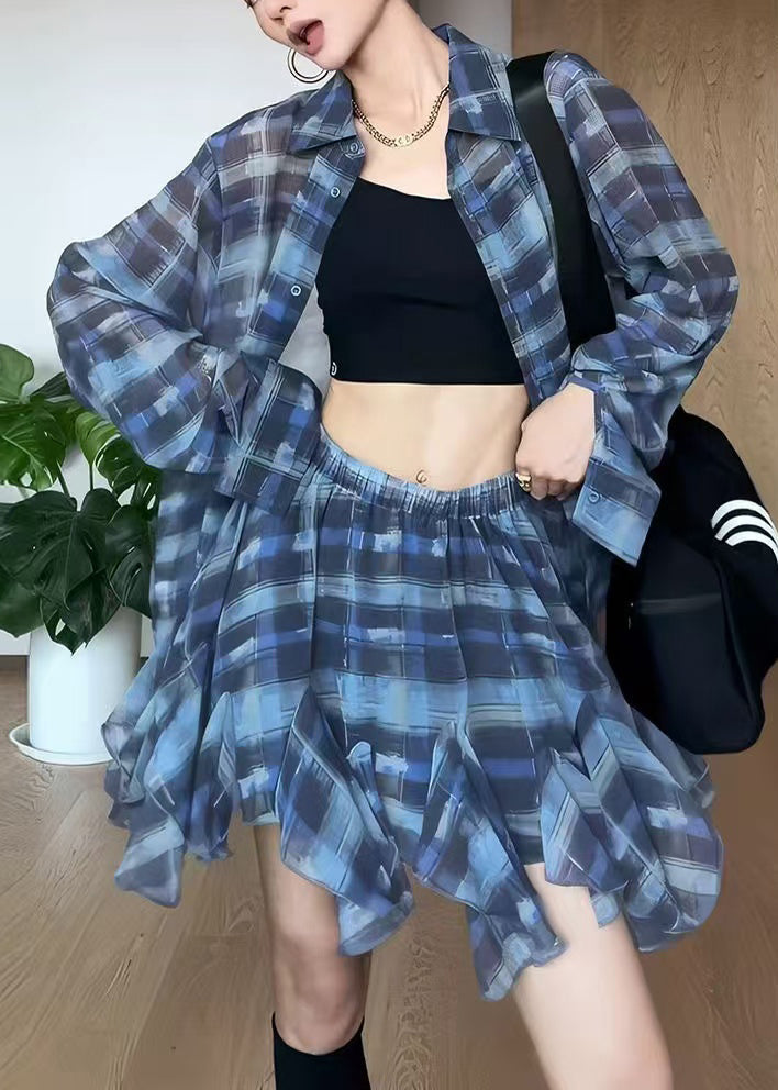 Chiffon Piece Outfits Summer Two Set Blue Plaid Modern Oversized