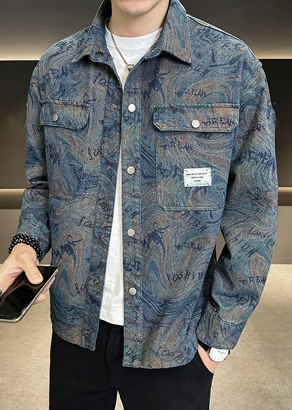 Modern Blue Peter Pan Collar Button Denim Men Coat Spring TC050