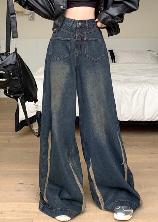 Moderne Blaue Taschen Hohe Taille Denim Weite Bein Hosen Herbst