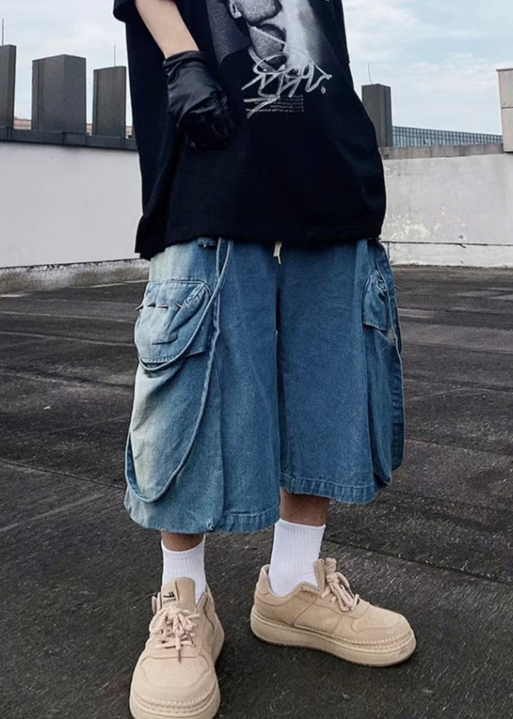 Blue Denim Shorts Oversized Modern Summer Pockets Mens