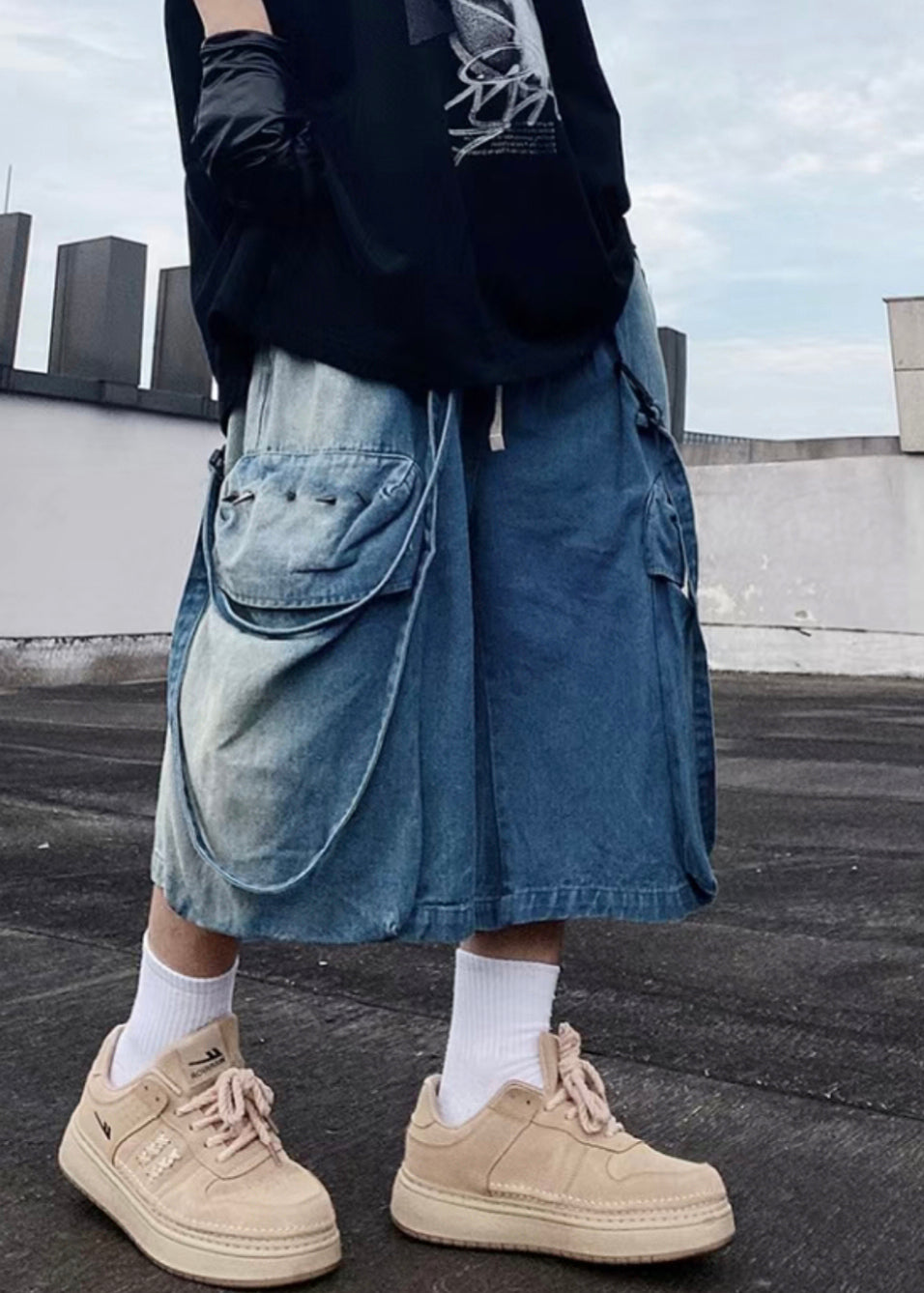 Blue Pockets Modern Shorts Denim Mens Oversized Summer