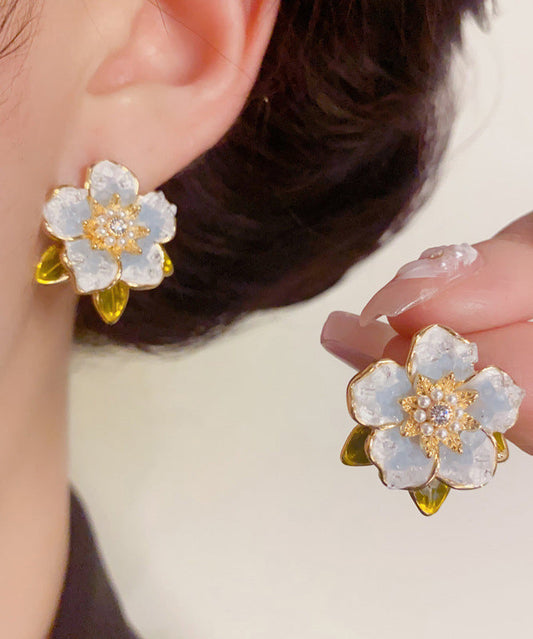 Modern Sterling Camellia Overgild Pearl Stud Blue Silver Earrings Zircon