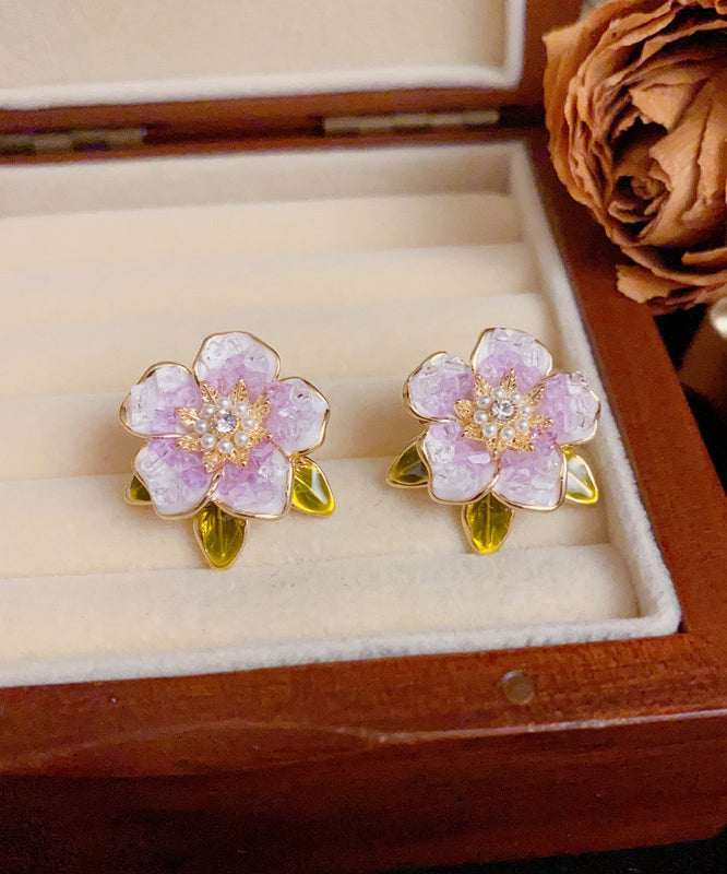 Modern Sterling Camellia Overgild Pearl Stud Blue Silver Earrings Zircon