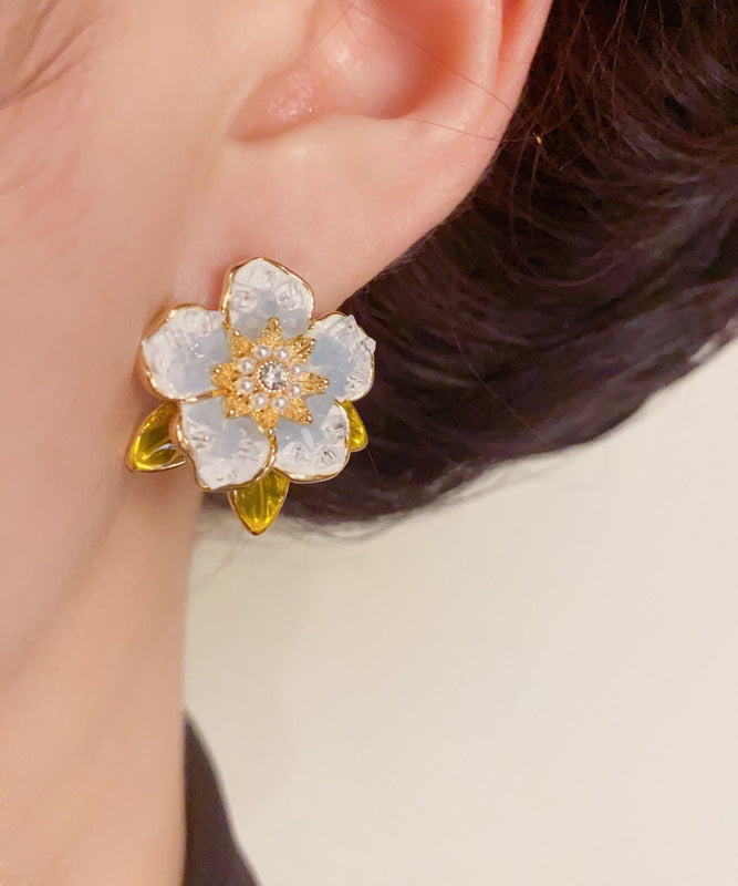 Modern Sterling Camellia Overgild Pearl Stud Blue Silver Earrings Zircon