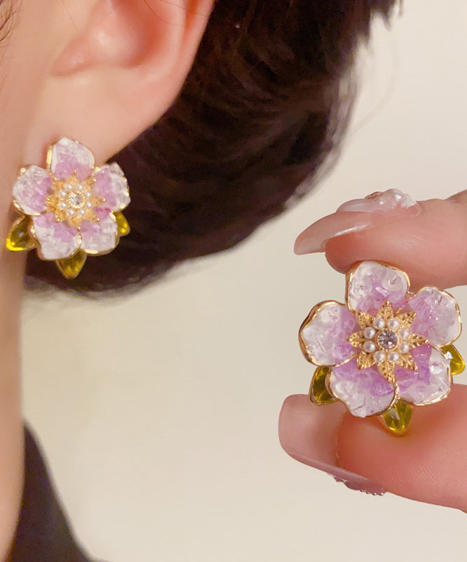 Modern Sterling Camellia Overgild Pearl Stud Blue Silver Earrings Zircon